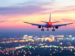 Airplane soaring gracefully above urban landscape with skyscrapers and city lights beneath its flight path