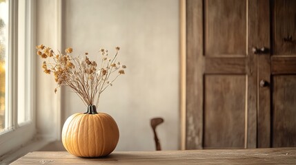 Welcoming fall interior design warm earthy hues subtle decor like a single pumpkin and dried flowers in a ceramic vase minimalist and elegant autumn atmosphere. 