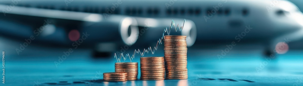 Poster Close-up of a plane with a stack of coins symbolizing investment and wealth creation in the aviation industry