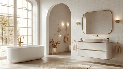 White and brass mid-century modern bathroom clean vanity with brass hardware large mirror with brass frame soft lighting and simple decor create a refined aesthetic 