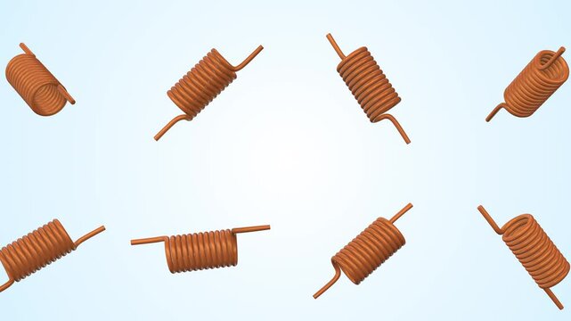 Copper Coil Inductors Falling on a Light Blue Background. Air Coil Inductors. 4K