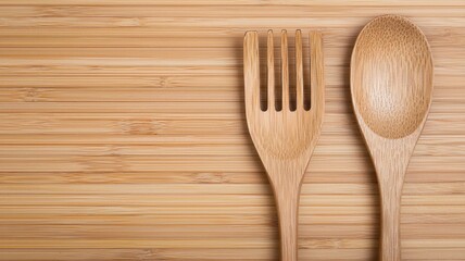 Wooden Spoon and Fork on Bamboo Cutting Board Rustic Kitchen Utensils Eco Friendly Natural