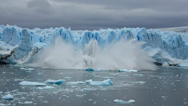 Massive glacier wall breaks apart and crashes into arctic waters with explosive force, sending icy fragments and waves across the frigid sea