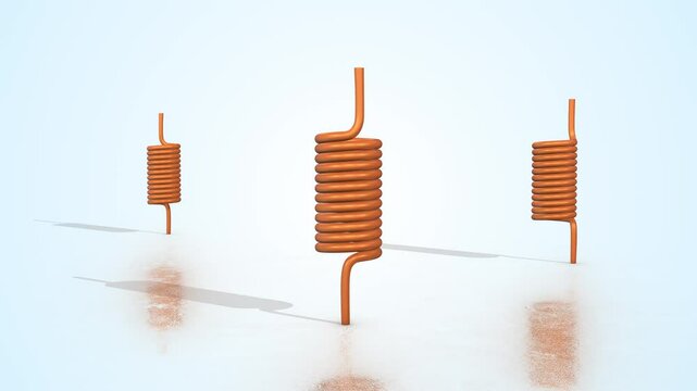 Copper Coil Inductors on a Light Reflective Floor. Air Coil Inductors 3D. 4K