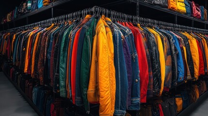 Obraz premium Vibrant Jackets on Display: A Colorful Collection of Leather and Denim Outerwear