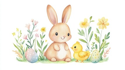 Obraz premium Happy Easter. watercolor illustration of cute easter bunny and chick with pastel flowers – happy easter with love, joy, peace, for web, card, or poster