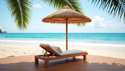 Obraz premium Cozy Lounge Chair on Beachfront Deck Under Straw Umbrella
