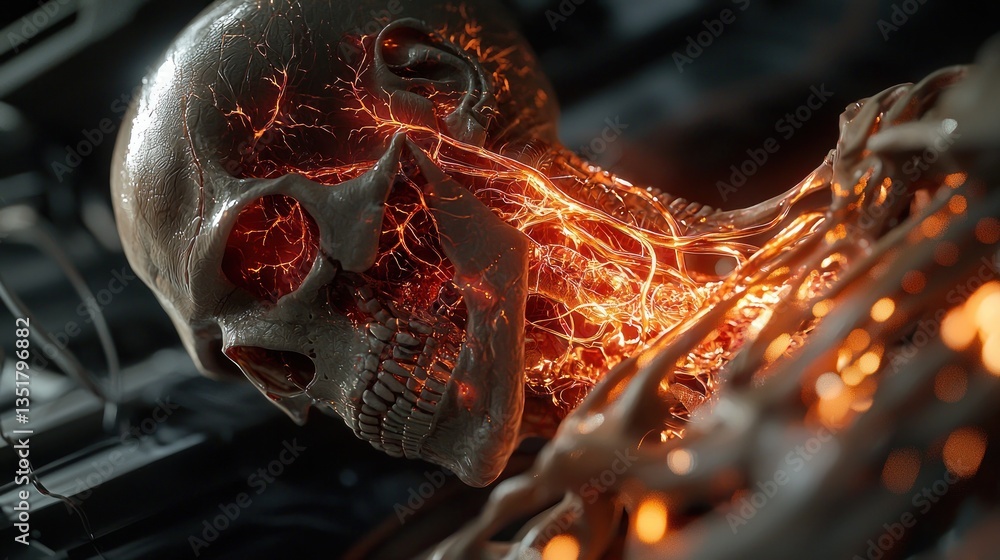 Poster futuristic skeletal structure with glowing veins on a dark background showcasing advanced technology