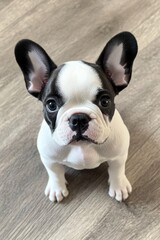 Fototapeta premium Adorable French Bulldog puppy sitting on wood floor, looking up. Perfect for pet websites, calendars