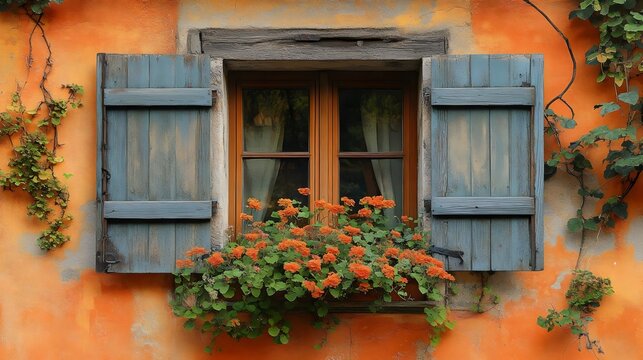 A window with blue shutters and a window box with orange flowers