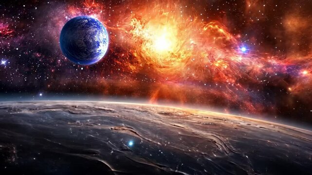 Vivid depiction of a cosmic event featuring planets and a stellar explosion in deep space