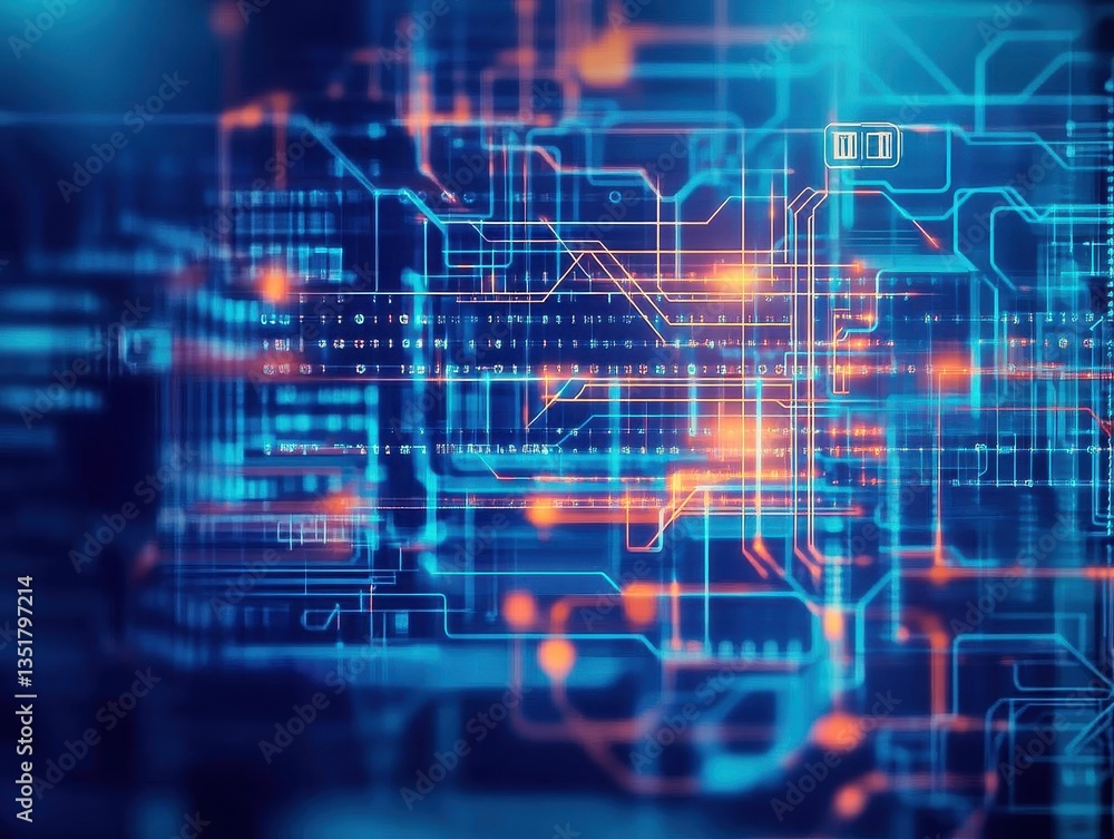 Poster Circuit board design with a blue background representing the digital realm and the fusion of technology and innovation