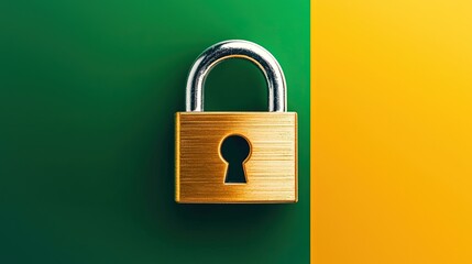 Gold padlock on green and yellow background. Security concept