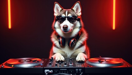 Husky Dog Wearing Headphones and Sunglasses at DJ Booth with Turntables