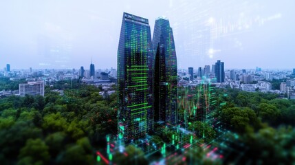 Fototapeta premium Futuristic Cityscape: Twin Towers & Digital Overlay