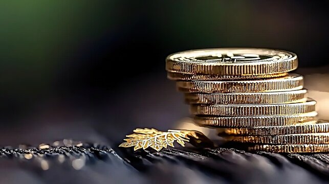 Golden coins stacked, leaf beside. Wealth, prosperity concept