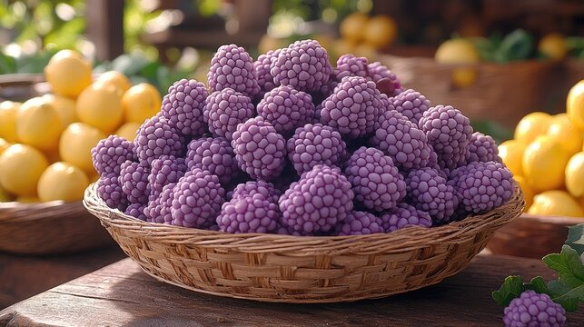 A wicker basket overflows with plump, purple berries,  nearby lemons add a vibrant contrast