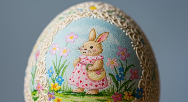Easter egg decorated with a bunny and flowers in spring 
