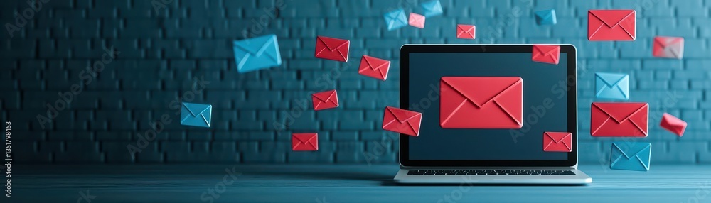 Poster Laptop displaying a red envelope flying out signifying email alerts and notifications in a digital workspace