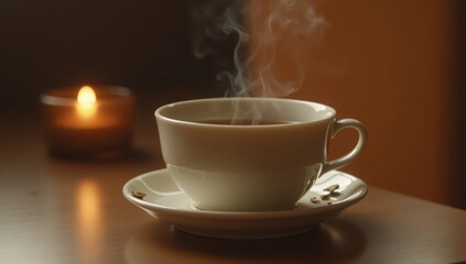 Herbal Tea Rising from Warm Cup with Candlelight in Background