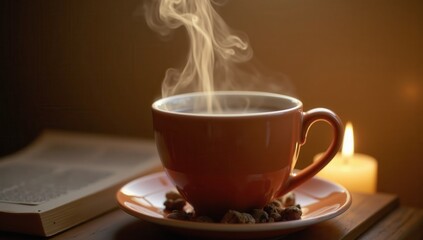 Steam Rising From Cup of Herbal Tea with Candlelight Glow