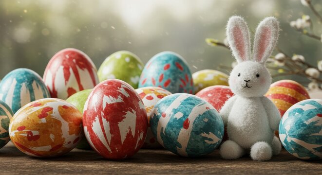 Colorful Easter eggs and a cute bunny in a spring setting 