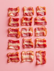 Bacon strips arranged in a graphic grid pattern on a pink background for food design, menu layouts, and editorial concepts