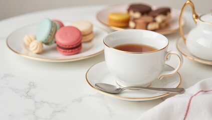 Elegant Tea Time with Porcelain Teacup and French Macarons