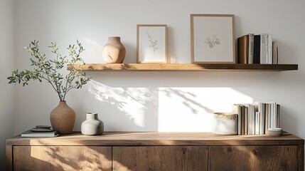 Wooden cabinet against a white wall minimalist decor featuring small vases, books, and a planter wooden shelves above with soft natural accents complete the space. 