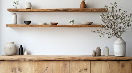 Wooden cabinet on an empty white wall natural decor elements like vases and plants on top wooden shelves above layered with minimalist decor items.  
