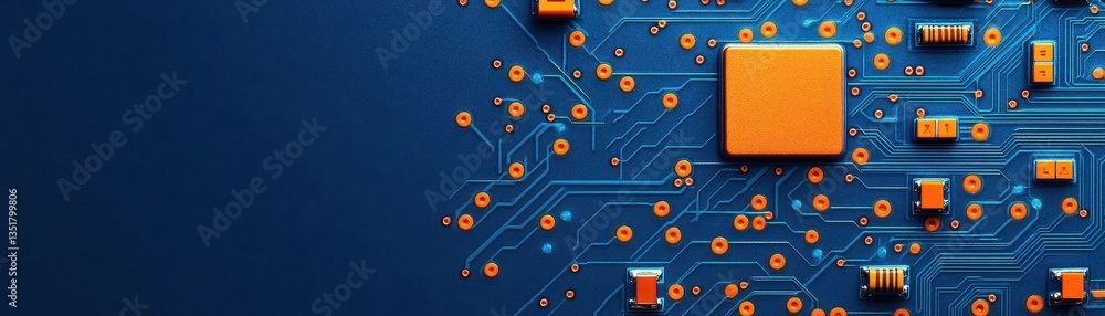 Poster Intricate circuit board featuring orange and blue components demonstrating modern technology and engineering design