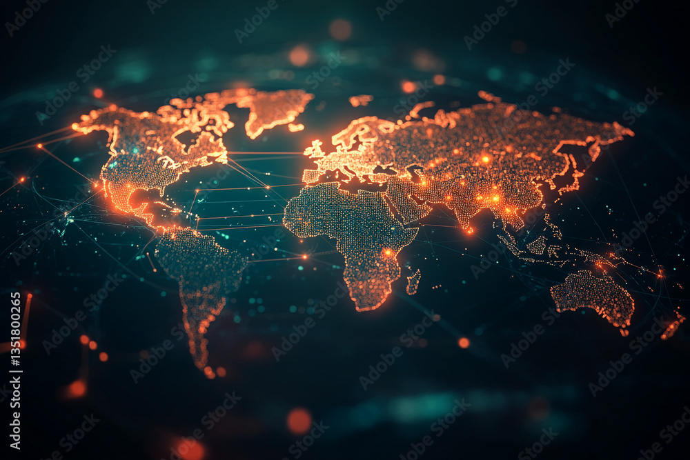 Poster a digital world map with glowing continents and interconnected lines on a dark background design