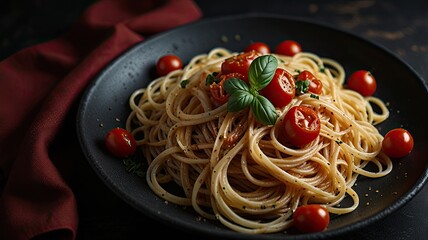 Italian Spaghetti Elegance: A Dark Plate on a Moody Backdrop