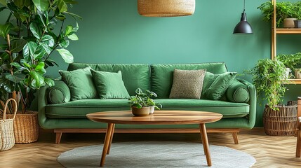 Wooden table paired with a green couch in a spacious living room modern lamps and greenery create a fresh and vibrant ambiance soft natural light fills the room.  