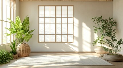 Zen meditation room with minimalistic decor tatami mats potted greenery and smooth wooden accents natural light creates a serene and balanced space.  