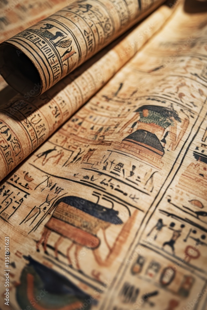 Poster ancient papyrus: rolled scrolls of ancient papyrus, adorned with hieroglyphs and intricate illustrat
