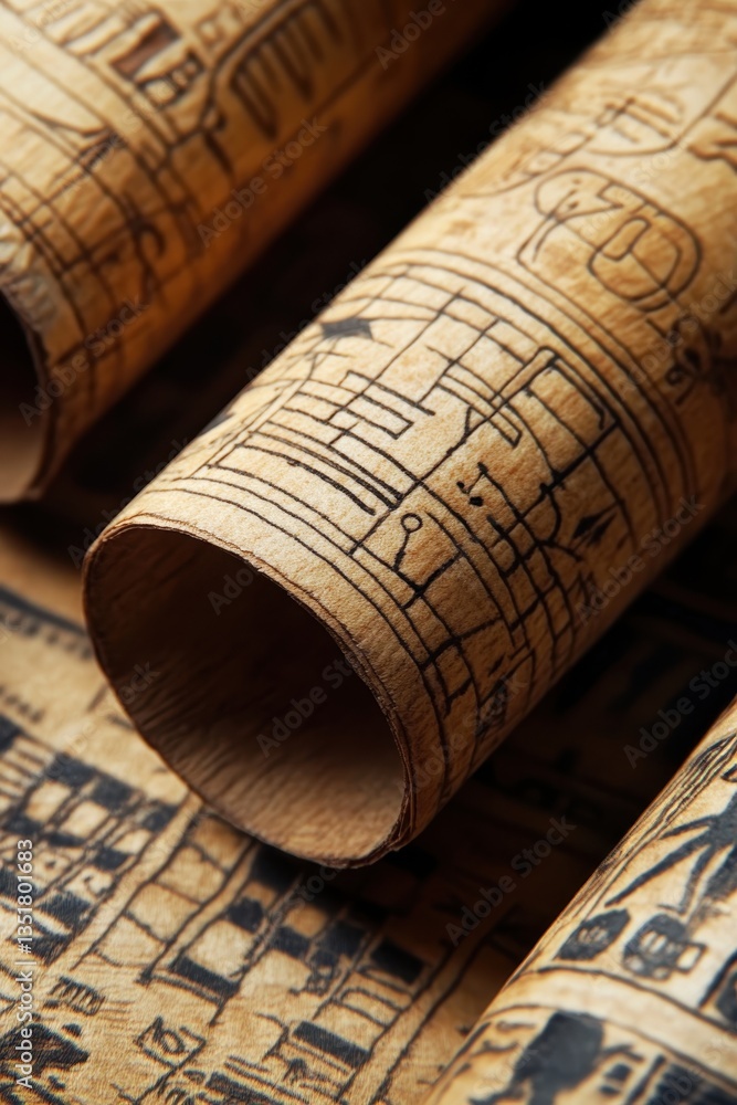 Poster ancient scrolls unveiled: intricate drawings on aged scrolls, hinting at mysteries of a bygone era, 