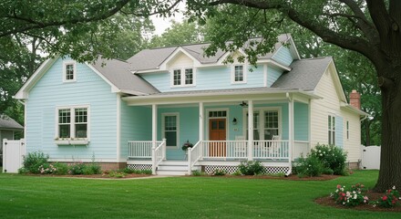 Fototapeta premium Inviting Suburban House with Covered Porch and Green Lawn