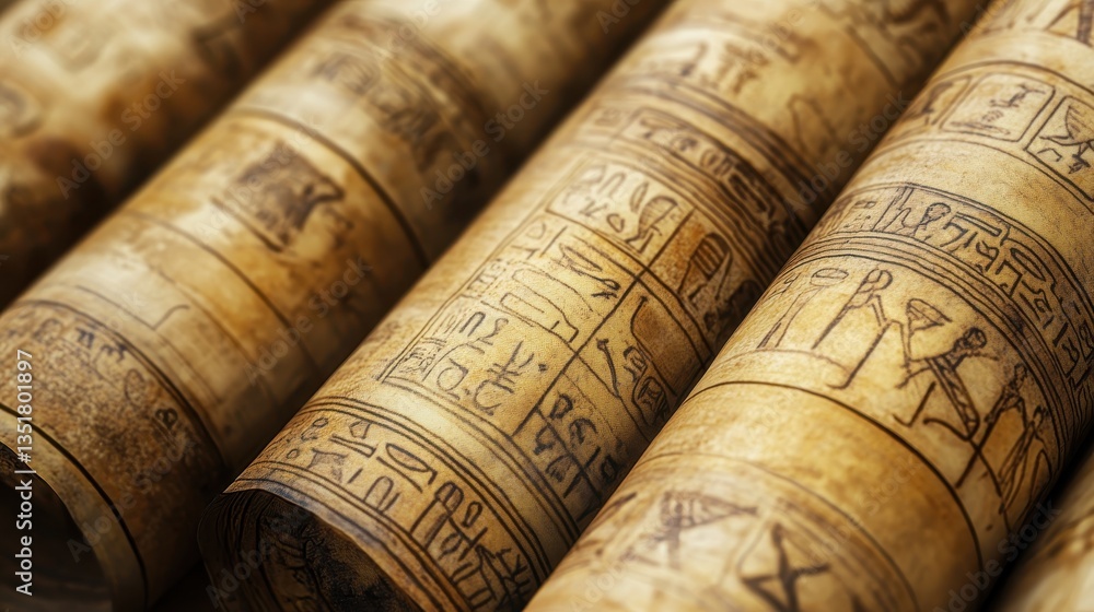 Aufkleber ancient scrolls: close-up of rolled papyrus scrolls, etched with ancient hieroglyphs, evocative of h
