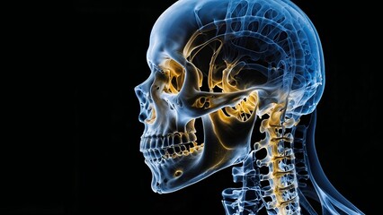 STUNNING high resolution, super detailed and anatomically correct of a medical-style X-ray of a human skull and neck.