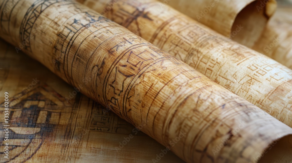 Poster ancient scroll with hieroglyphs: close-up view of an aged scroll, its surface adorned with intricate
