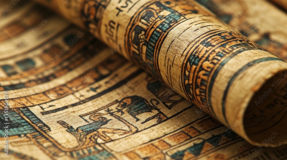 Poster ancient papyrus scroll: a detailed depiction of an ancient papyrus scroll, featuring intricate hiero