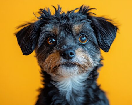 adorable curly-haired dog on bright yellow background studio portrait pet photography
