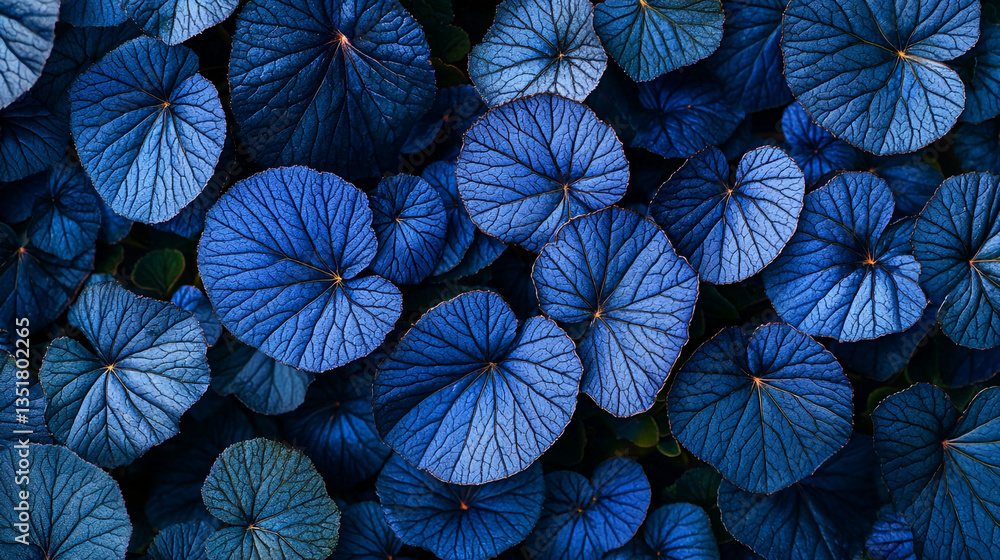 Poster a dense arrangement of deep blue begonia leaves showing intricate vein patterns in a close up view