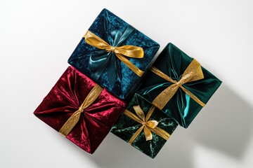 Four velvet gift boxes in teal, emerald, and burgundy, tied with gold glitter ribbon.