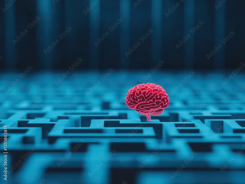 Poster analytical portrayal of a brain navigating through a complex maze representing problem solving and c