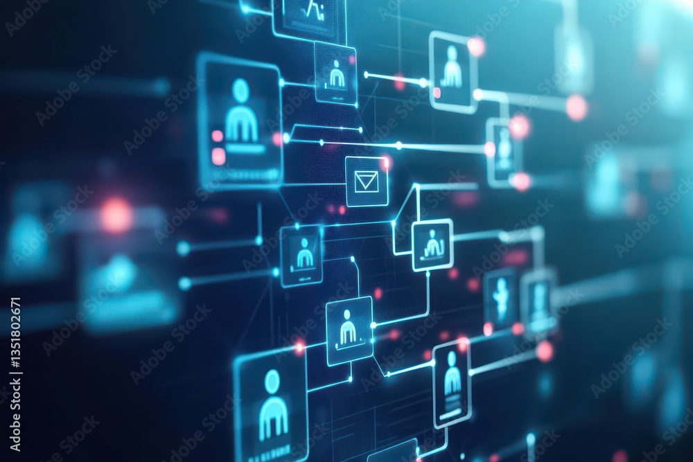 Poster Animated flowchart with blue and red background featuring various icons illustrating complex processes and ideas