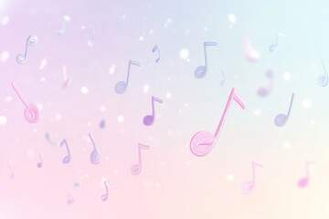 A dreamy background with soft pastel gradients of pink, lavender, and light blue, featuring floating musical notes, treble clefs, and eighth notes drifting in the air