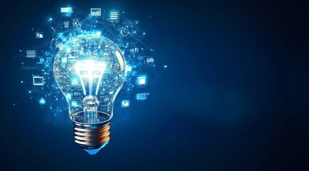 Glowing light bulb with digital icons and data connections on dark blue tech background. Innovation. Idea.