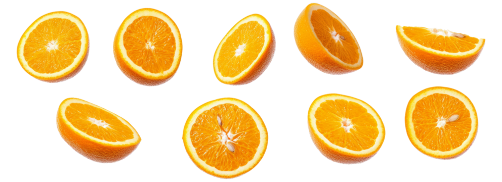 Floated slices of orange falling isolate on transparency background
